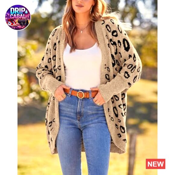 Leopard Print Cardigan Oversized Batwing Sleeves Open Front Pockets Fall - Picture 4 of 6